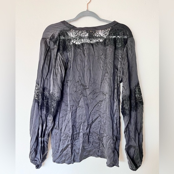 As by DF Black Lace Silk Button Down long Sleeve Blouse - Picture 2 of 4